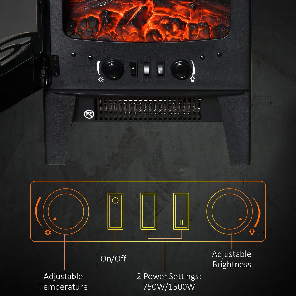 Chimenea eléctrica de pie con efecto de llama realista 750W/1500W
