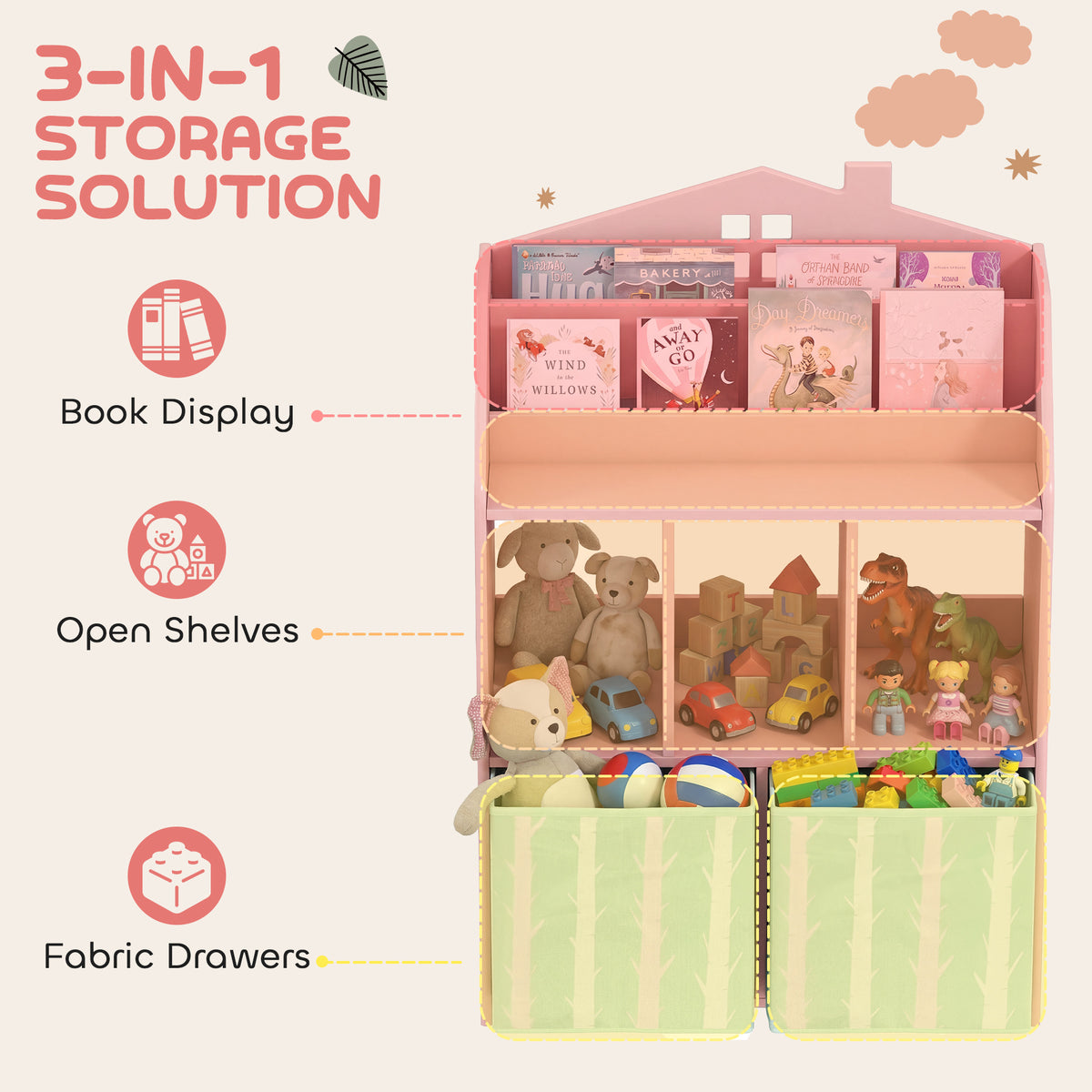 Kids Bookshelf with Storage and Fabric Drawers