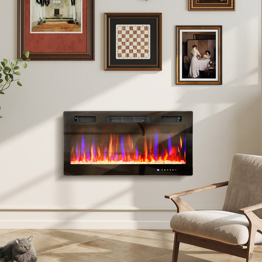 36" Thin Electric Fireplace Wall-Mounted — Black