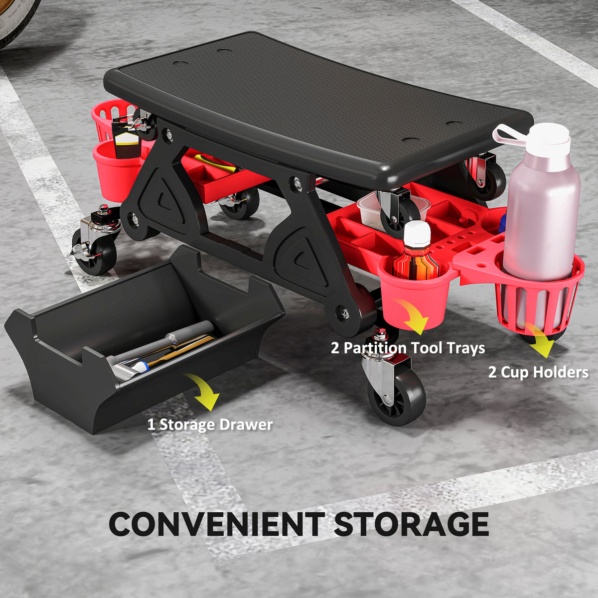 Rolling garage stool with wheels and tool trays