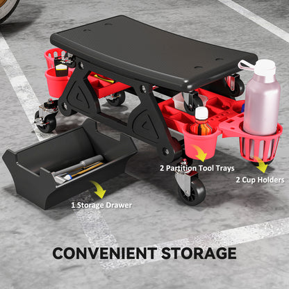 Rolling garage stool with wheels and tool trays