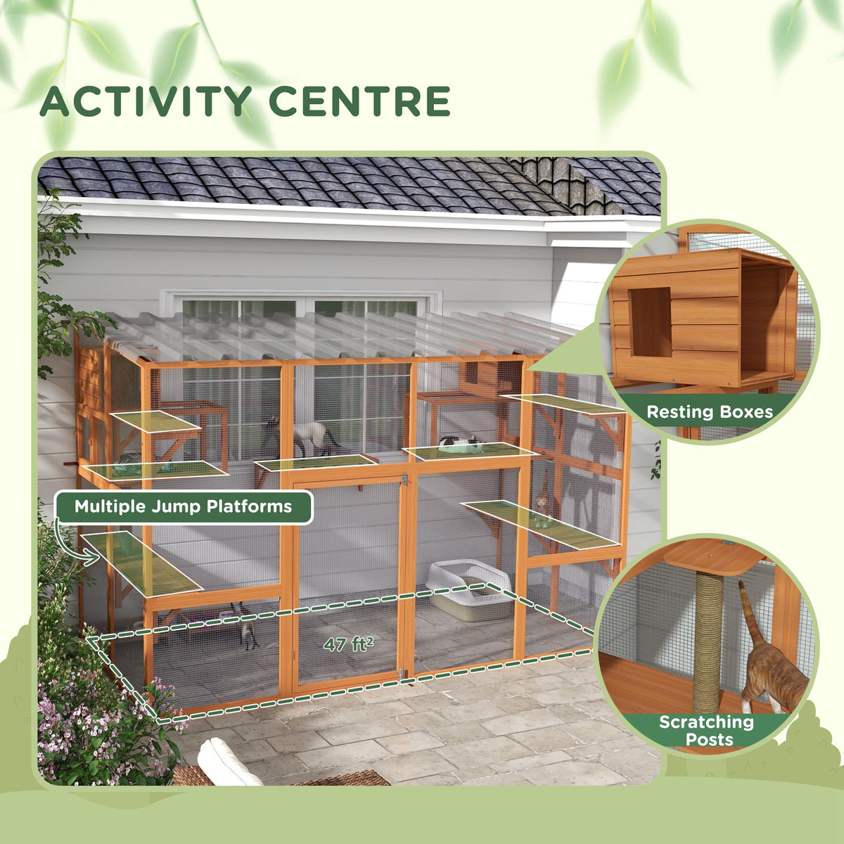 Outdoor Cat Enclosure with Condos and Waterproof Roof