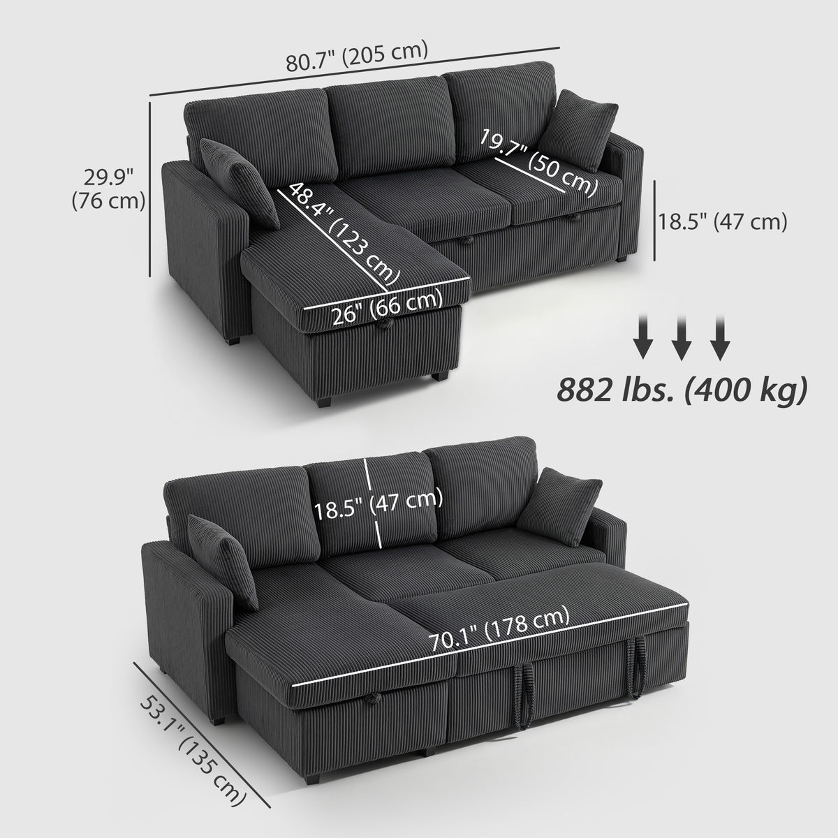 Sofá cama convertible de 206 cm con almacenamiento integrado