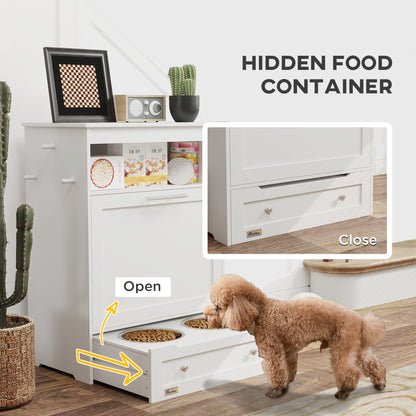 Pet feeder station with storage cabinet and bowls