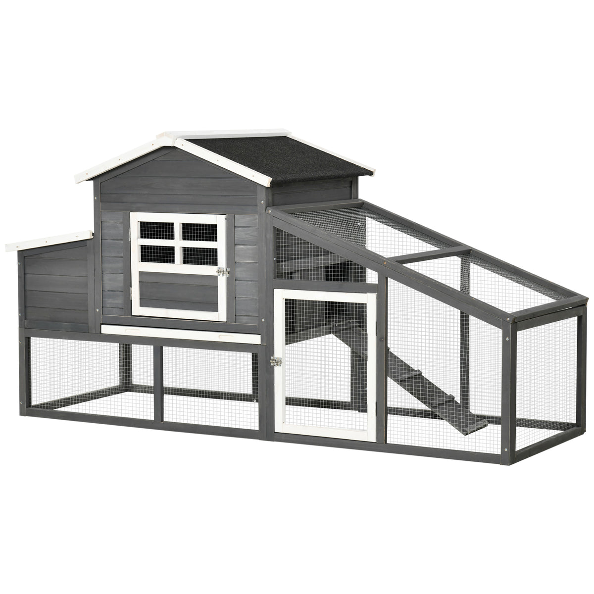 Wooden outdoor chicken coop with run and nesting box