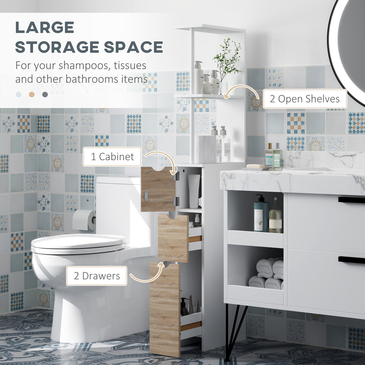 Tall narrow bathroom storage cabinet in wood