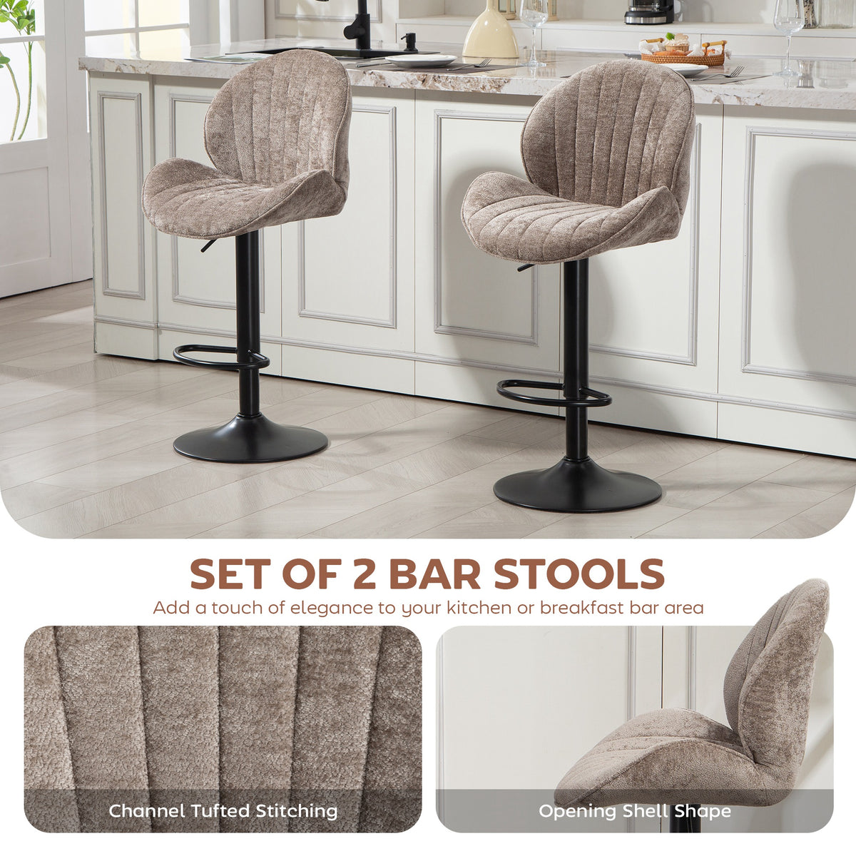 Bar stools swivel set of 2 chenille adjustable height