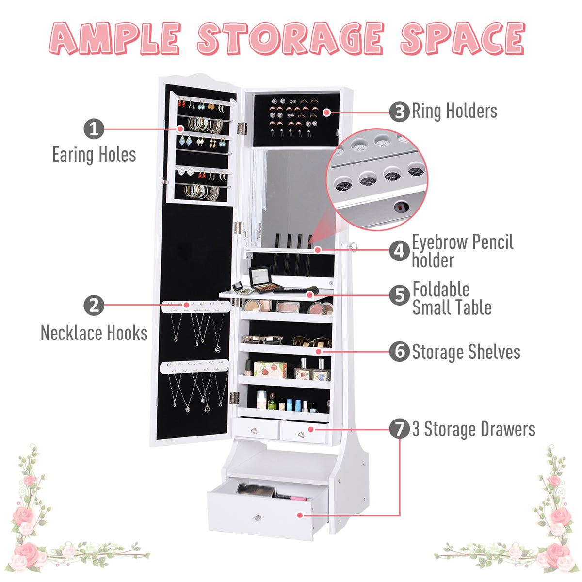 Standing jewelry armoire with full length mirror