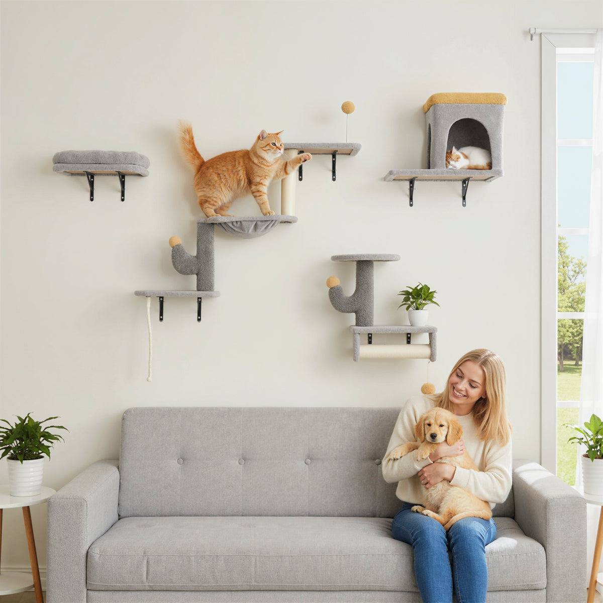 Conjunto de pared para gatos de 4 piezas con rascadores