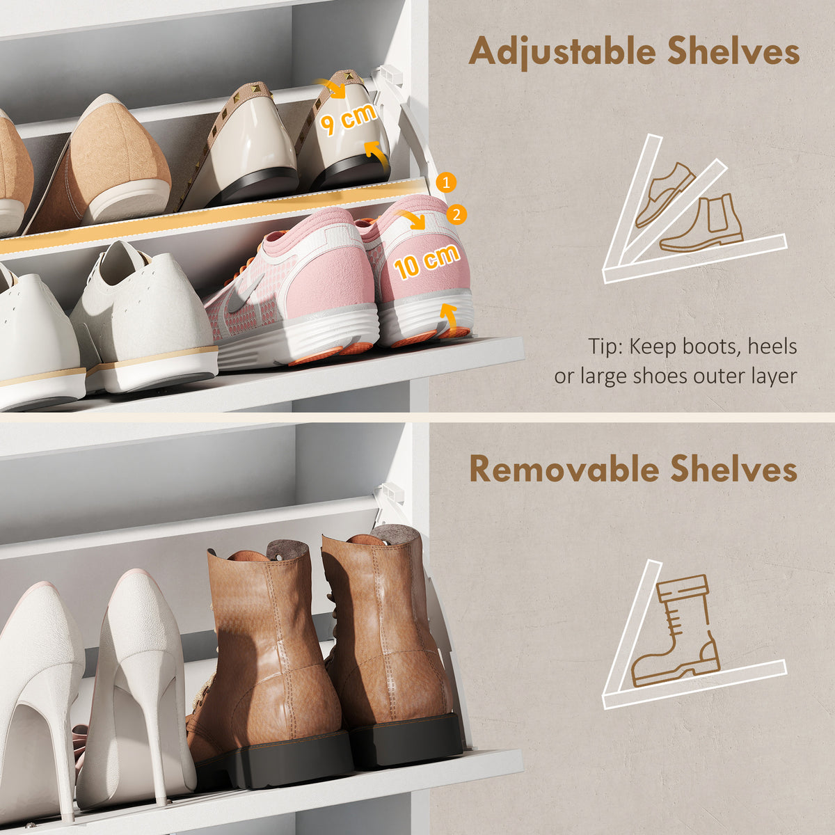 Slim flip drawer shoe cabinet