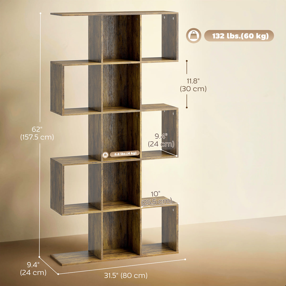 5-Tier S-Shaped Bookshelf — 15 Compartments
