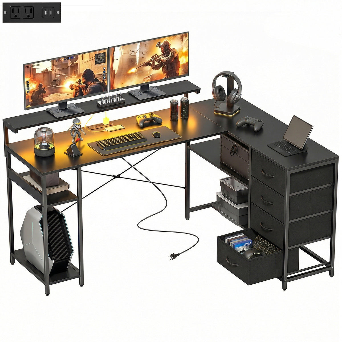 Gaming Desk L-Shaped 61 Inch with Power Outlets