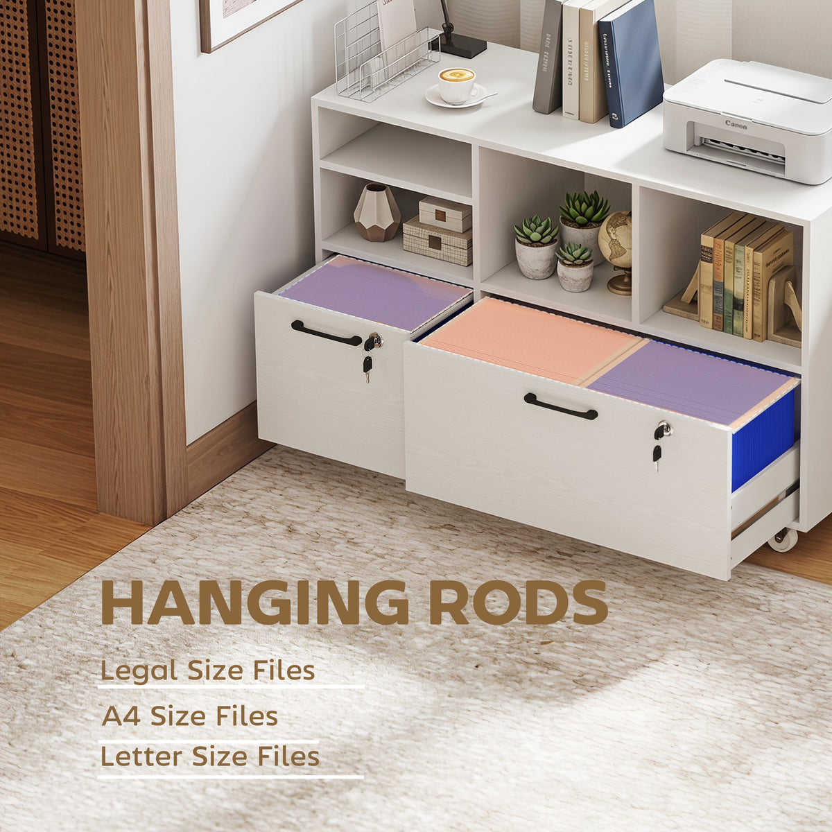 Mobile 2-drawer lateral file cabinet with lock