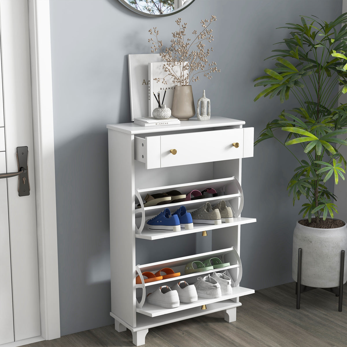 Slim Shoe Cabinet 2 Flip Drawers Adjustable Shelves 8 Pairs