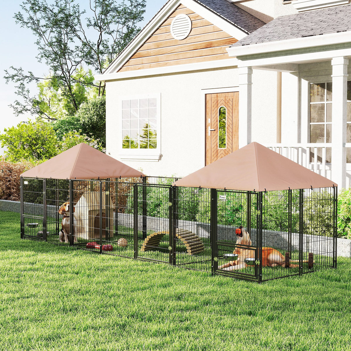 Corral exterior para perros con techo y tazones