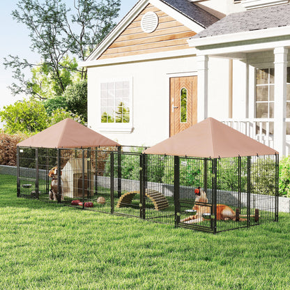 Corral exterior para perros con techo y tazones