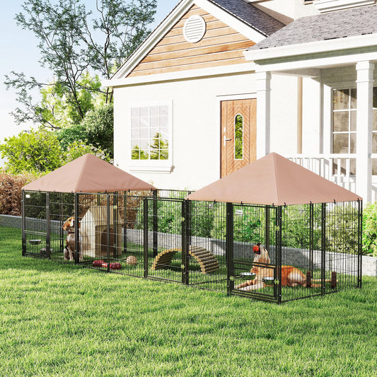 Outdoor dog kennel with roof and bowls