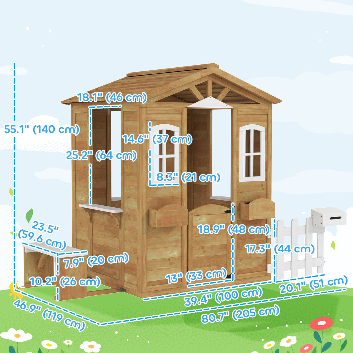 Kids Wooden Playhouse with Bench and Serving Station