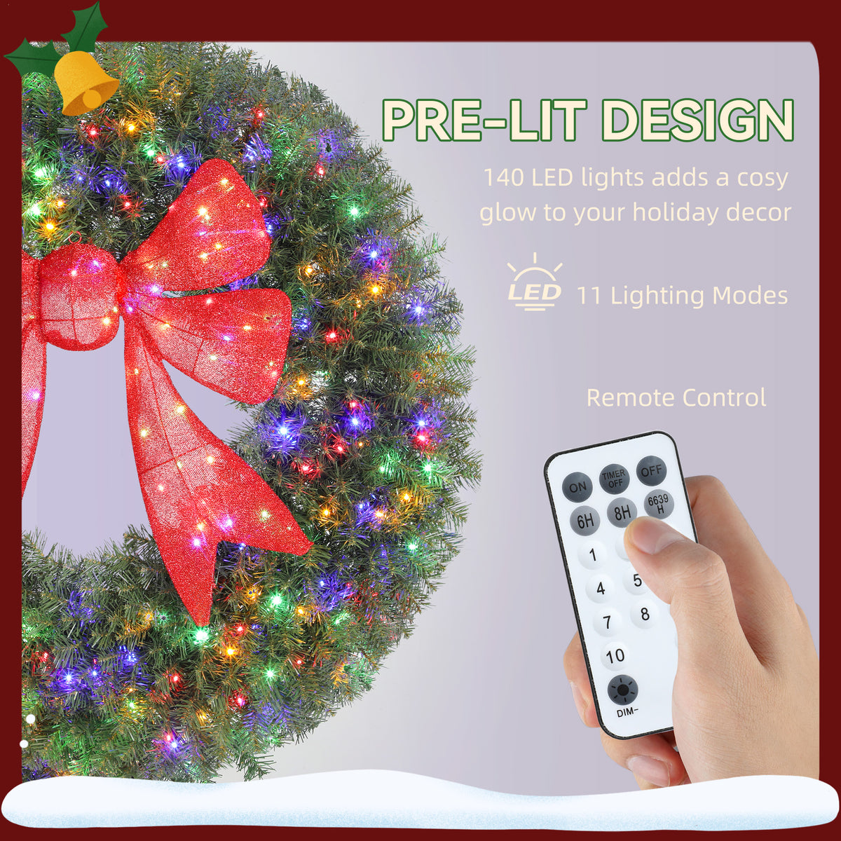 Pre-Lit Christmas Wreath 3D Bow 91 cm