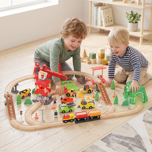 Wooden Train Set and Track Playable Toys — Set of 91
