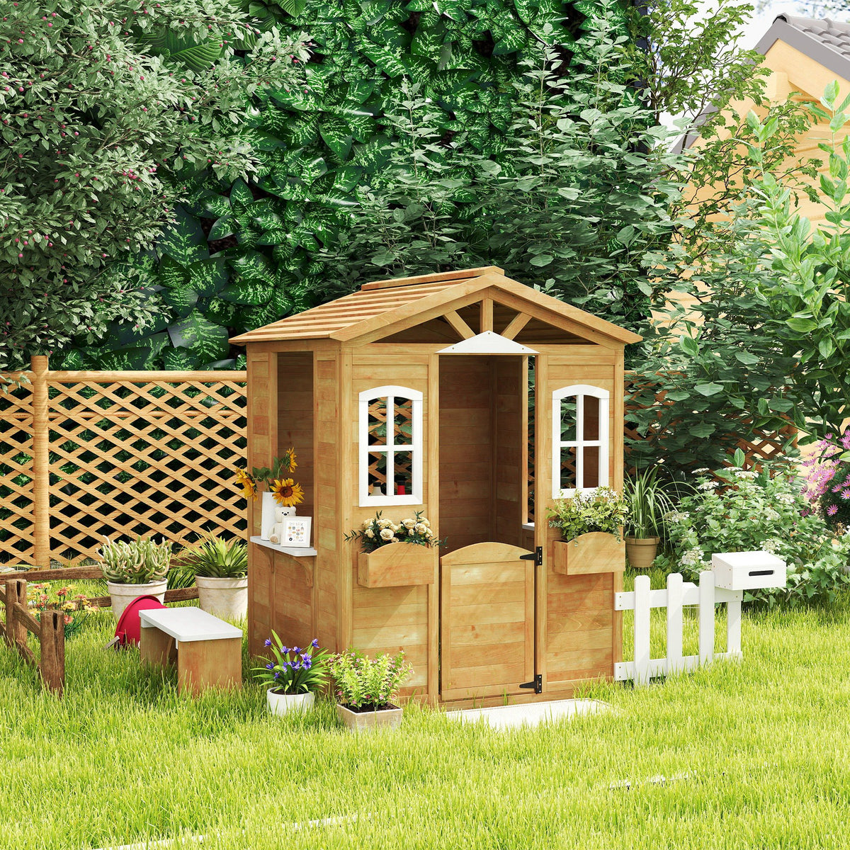 Kids Wooden Playhouse with Bench and Serving Station