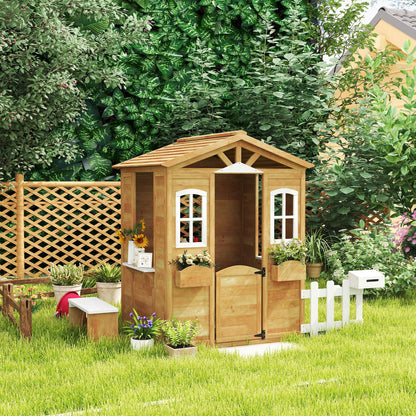 Kids Wooden Playhouse with Bench and Serving Station