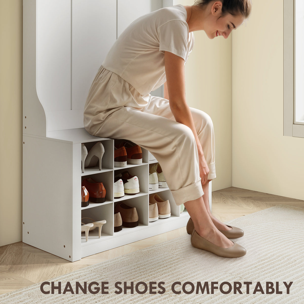 4-in-1 Hall Tree with Bench and 12 Shoe Cubbies