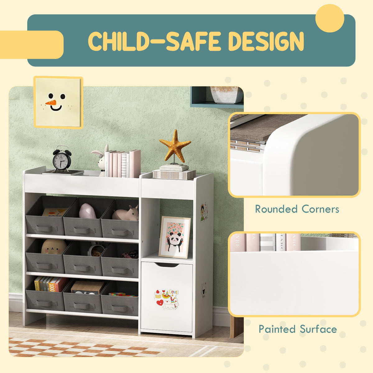 Toy storage organizer with bins and cabinet