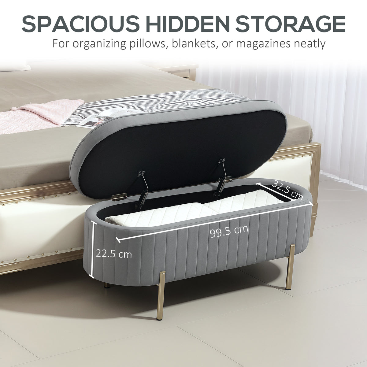 Channel Tufted Storage Bench with Golden Legs