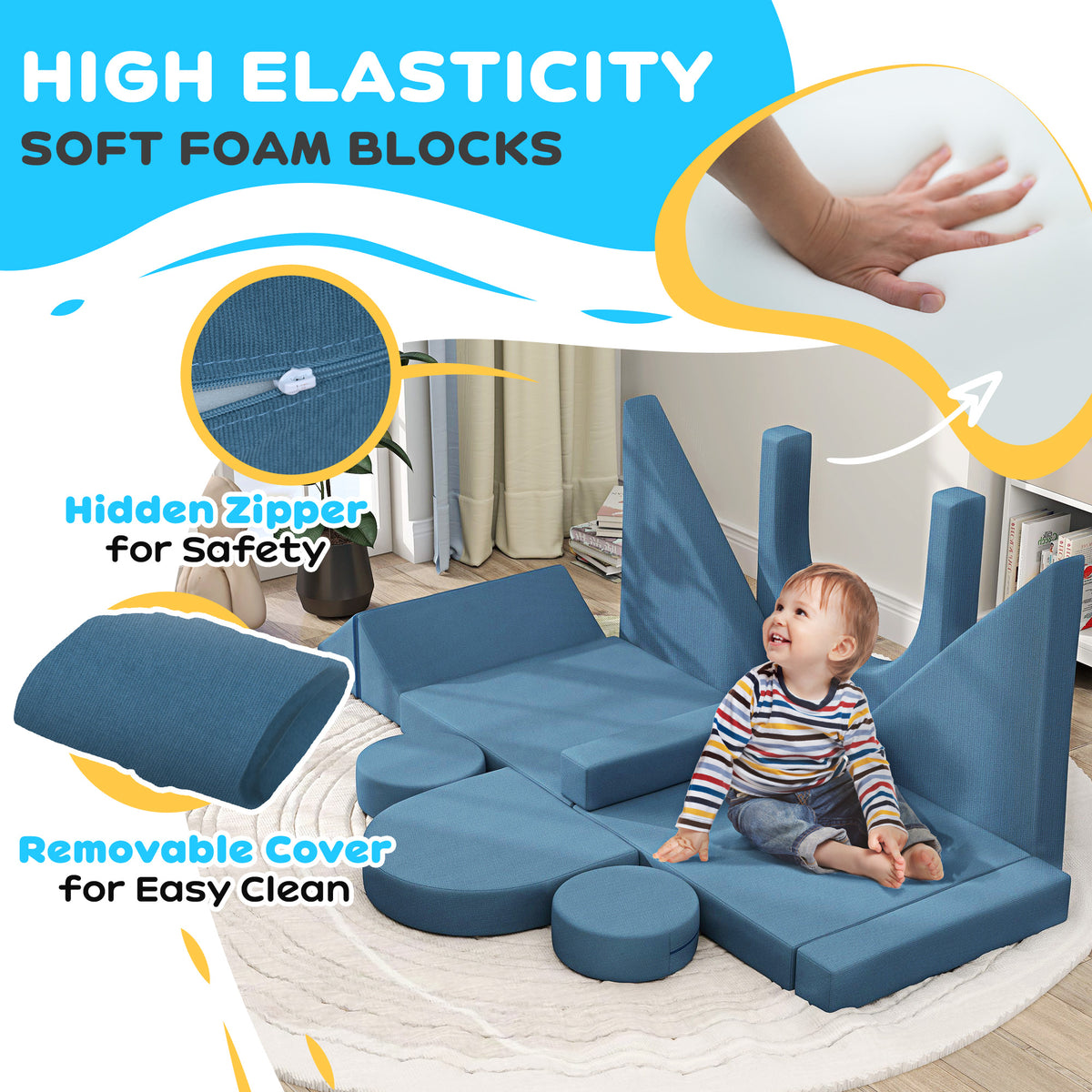Sofá modular infantil de 12 piezas, resistente y divertido