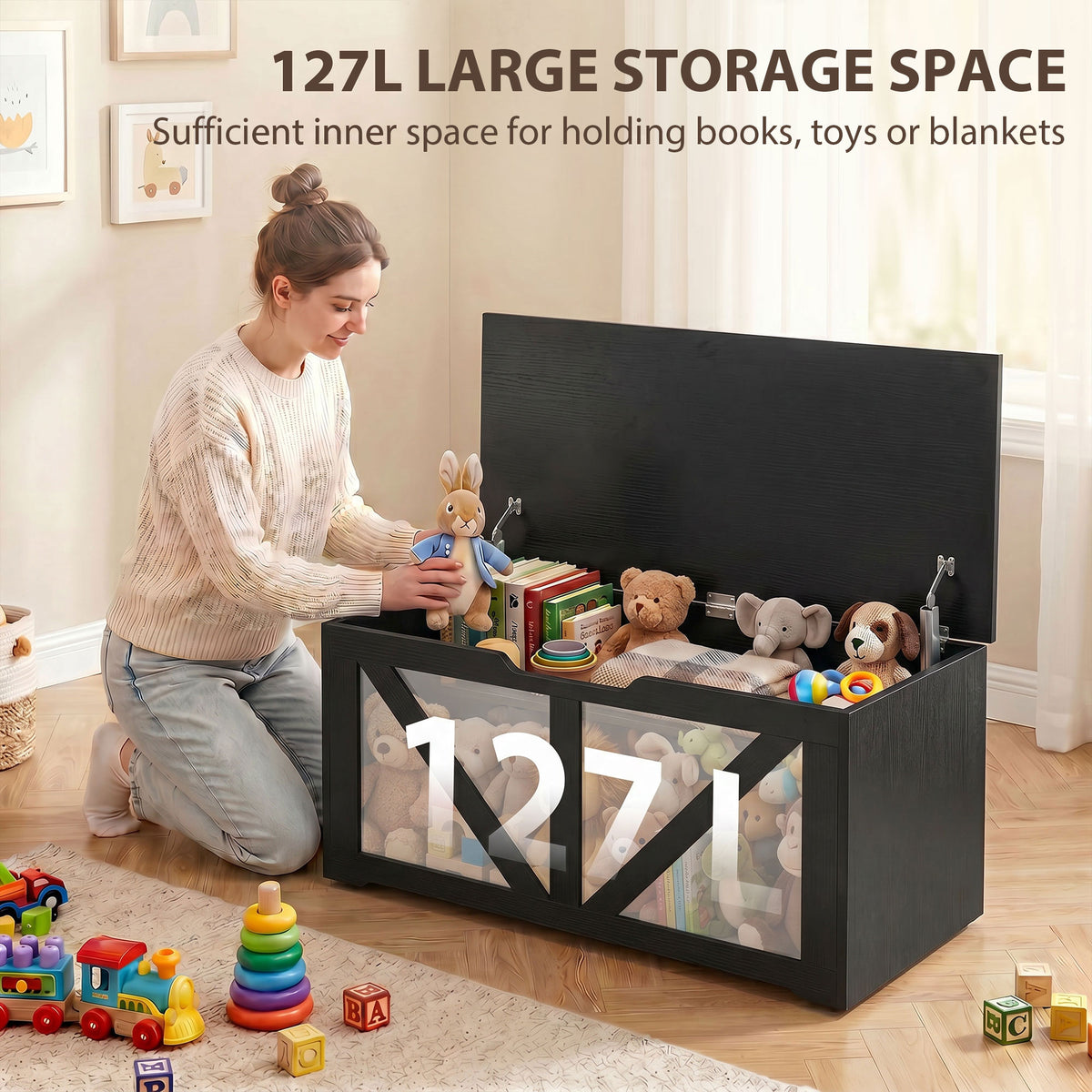 Rustic storage chest with safety hinges