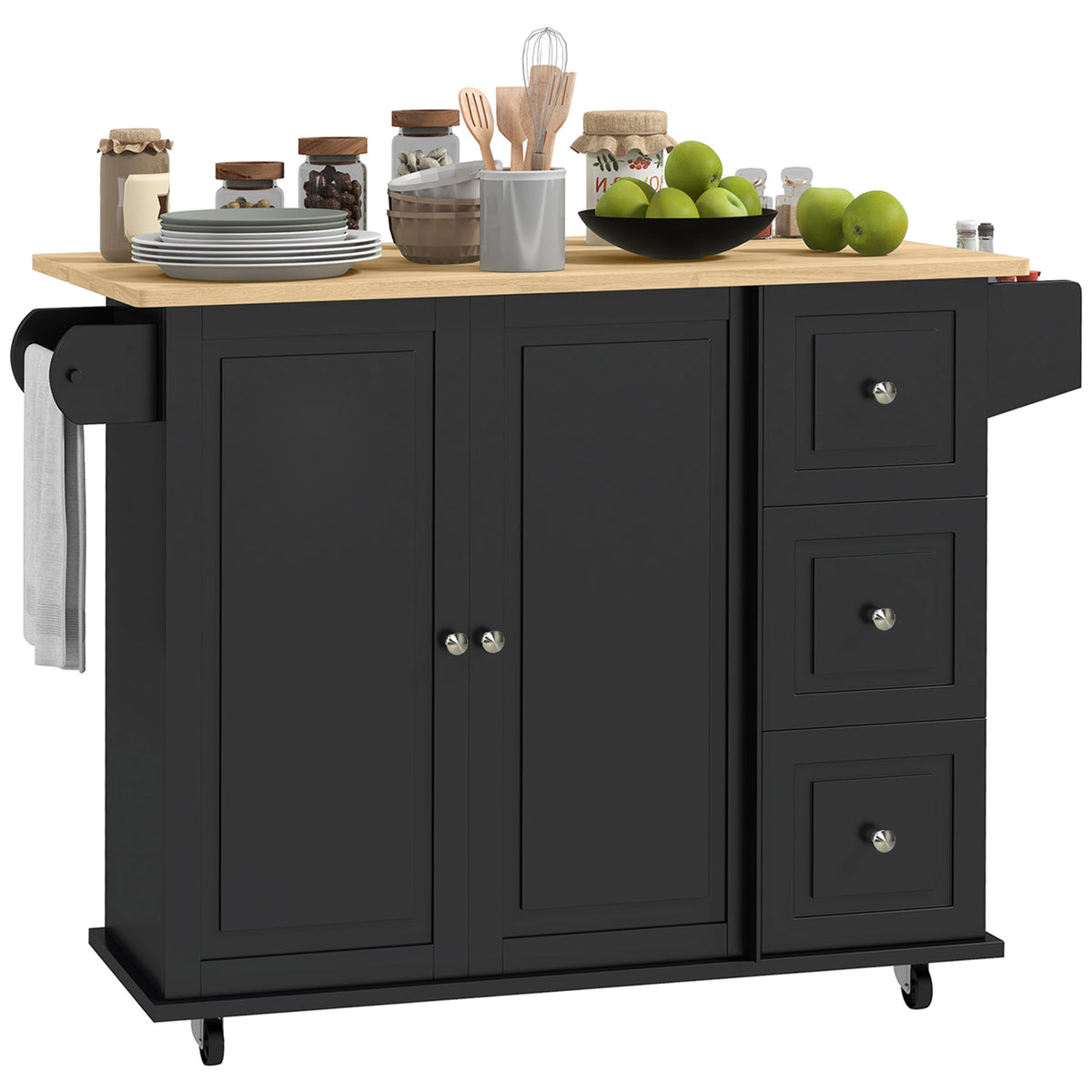 Kitchen Island on Wheels with Drop Leaf and Drawers