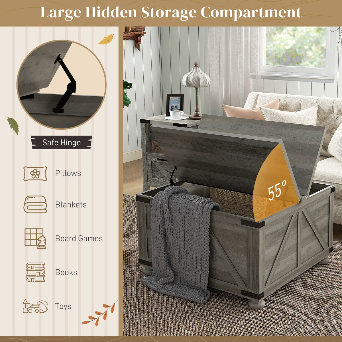 Farmhouse coffee table with hidden storage