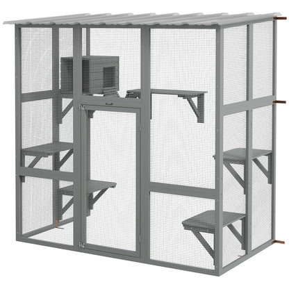 Multi-level outdoor cat enclosure with transparent roof
