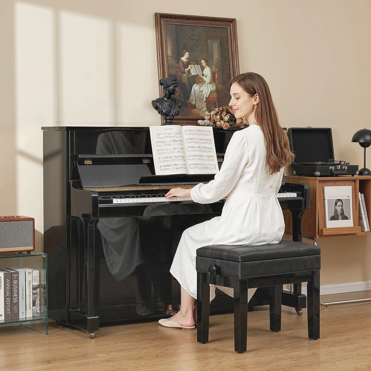 Faux leather adjustable piano bench with storage