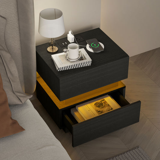 Bedside Table with Charging Station and LED Light