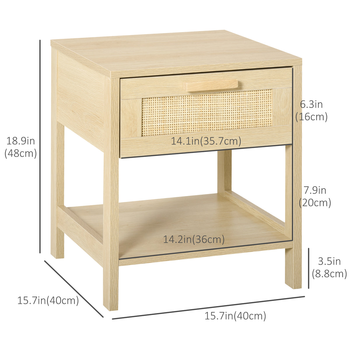Narrow Nightstand with Drawer and Rattan Elements