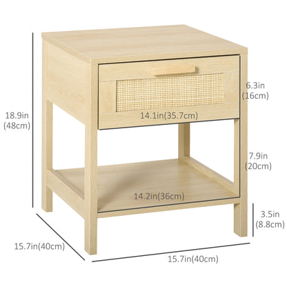 Narrow Nightstand with Drawer and Rattan Elements