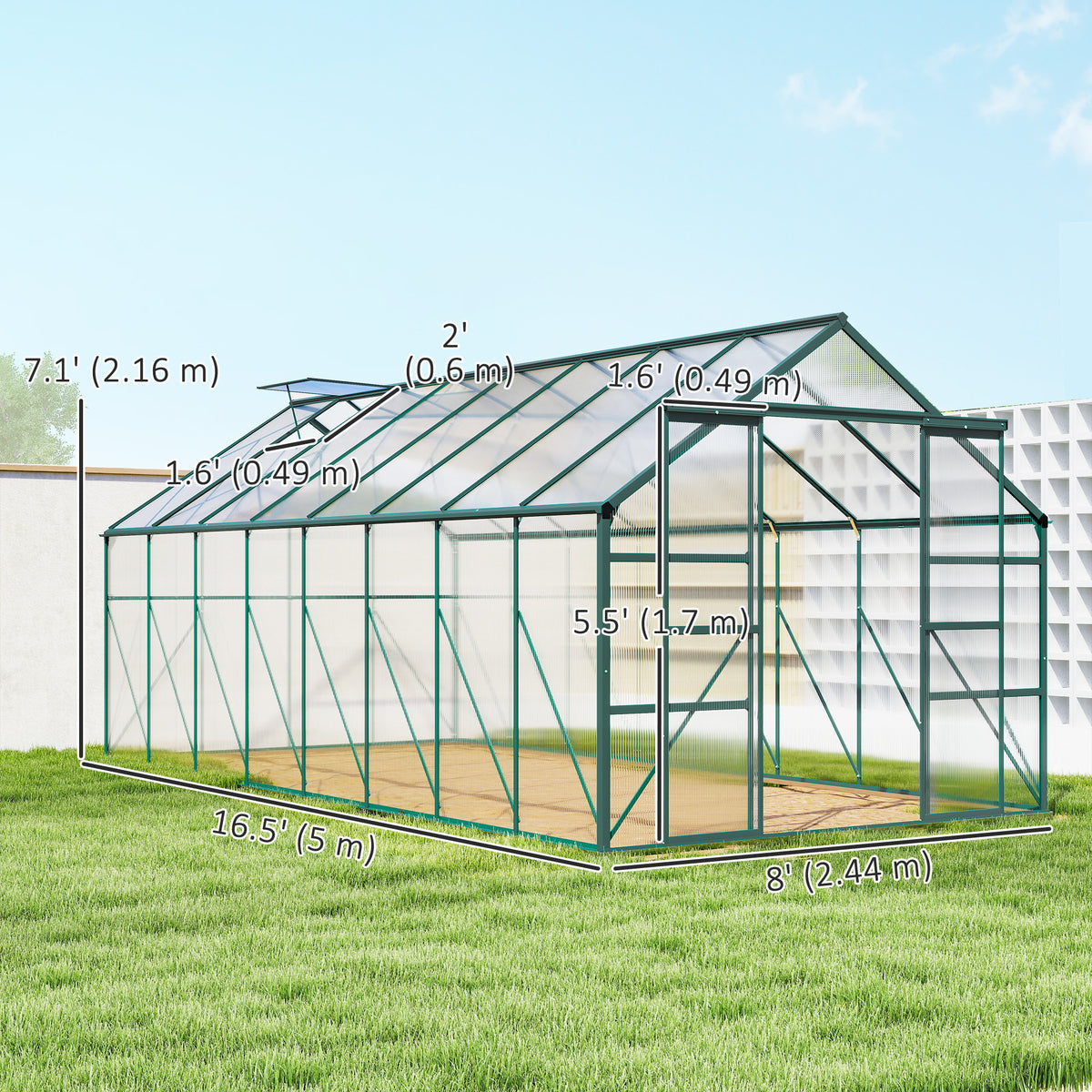 5x2.5m Aluminum Polycarbonate Greenhouse with Sliding Door