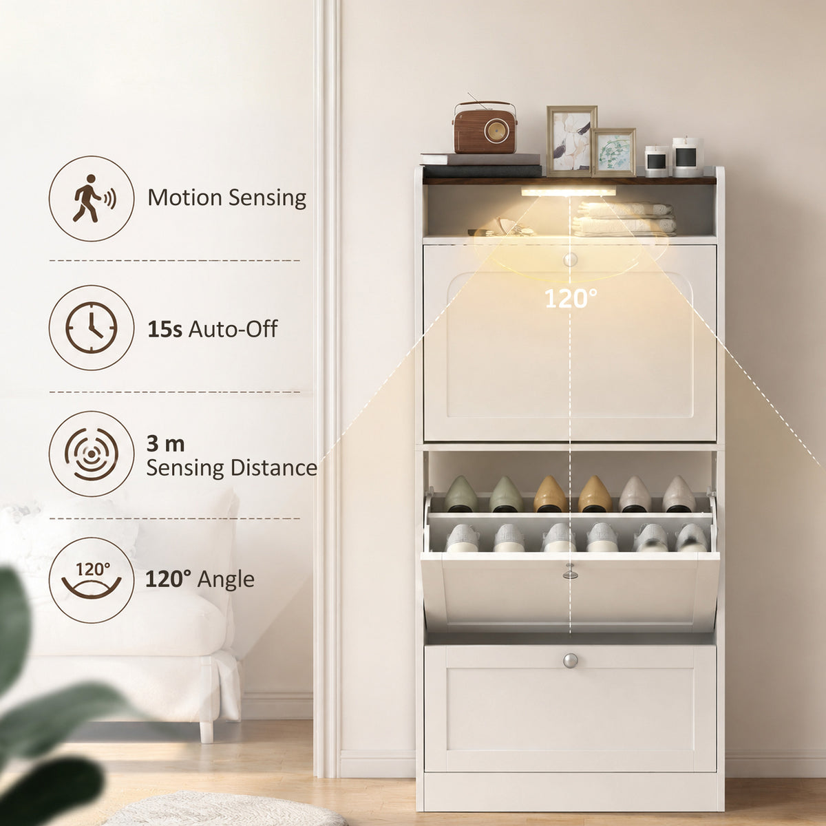 Slim shoe cabinet with 3 flip drawers and sensor light