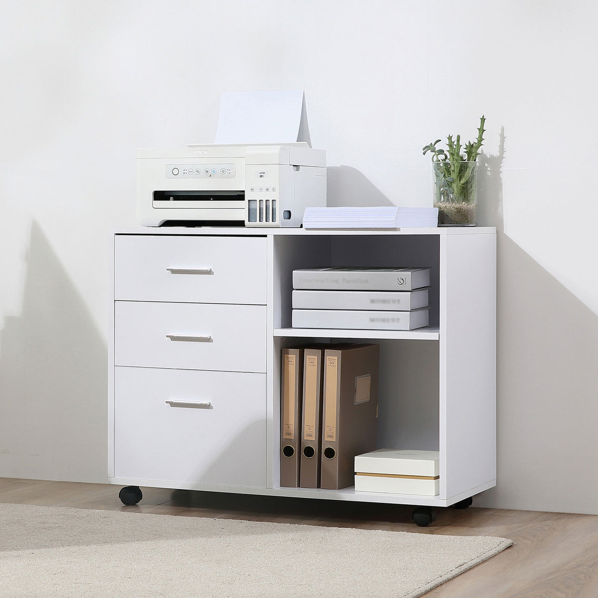 Mobile filing cabinet 3 drawers with open shelves