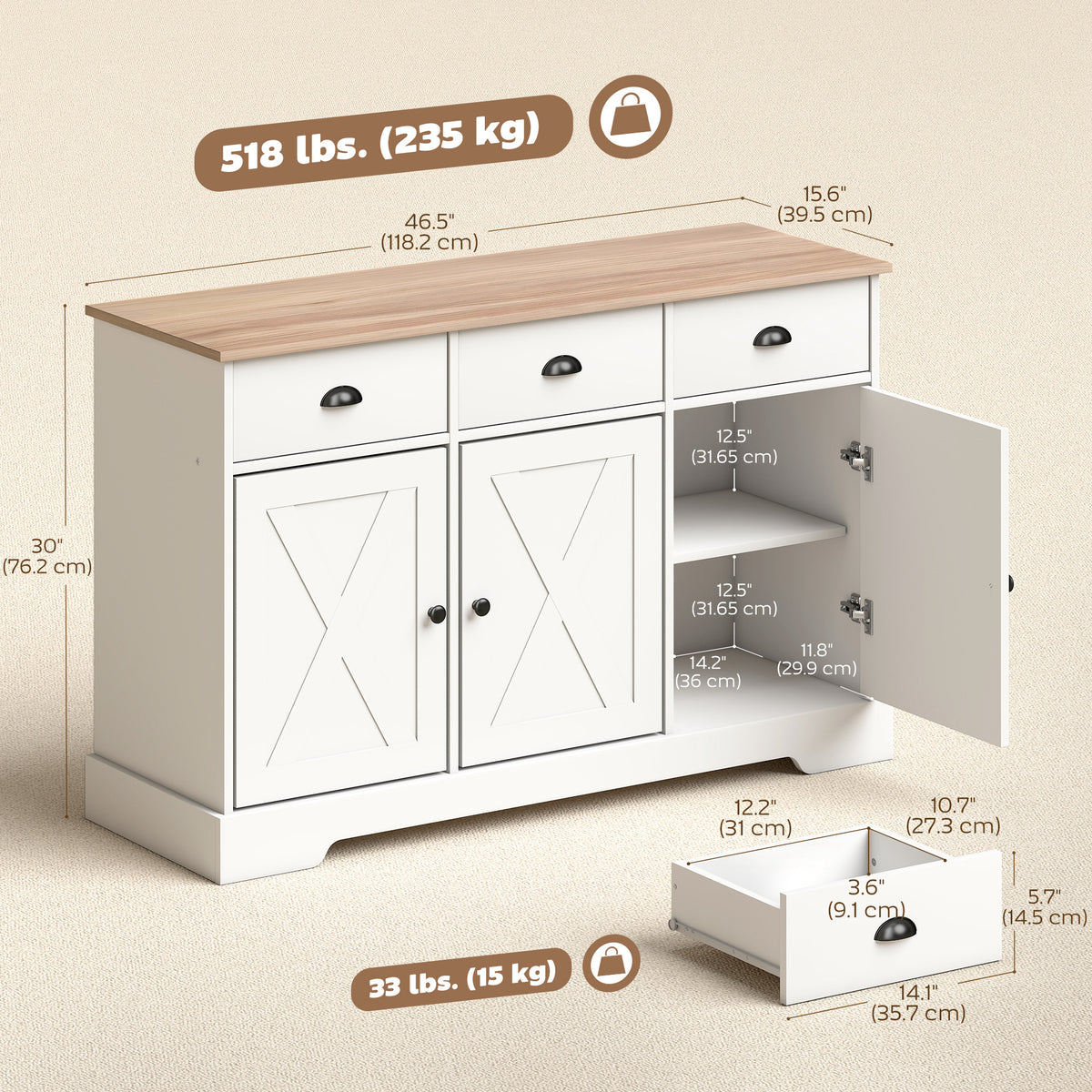 Farmhouse Buffet Cabinet with Barn Doors and Drawers