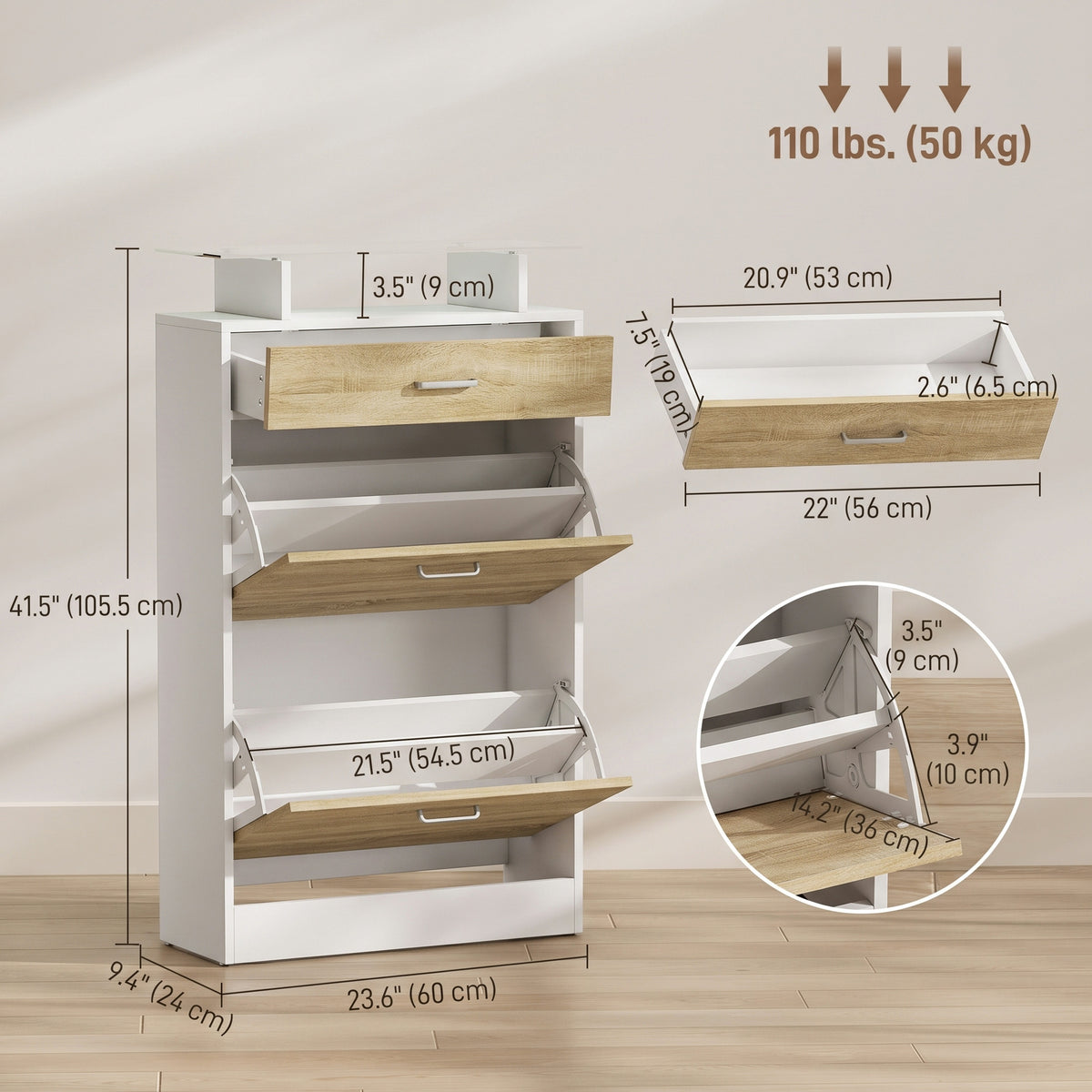 Slim flip drawer shoe cabinet
