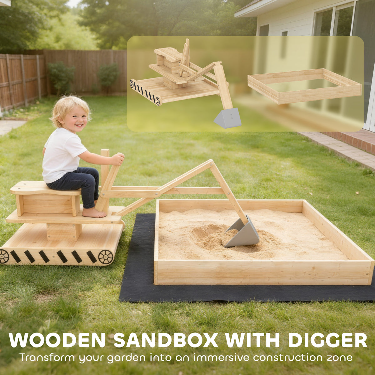 Wooden Sandbox with Digger and Rotating Seat 184 x 90 x 56 cm