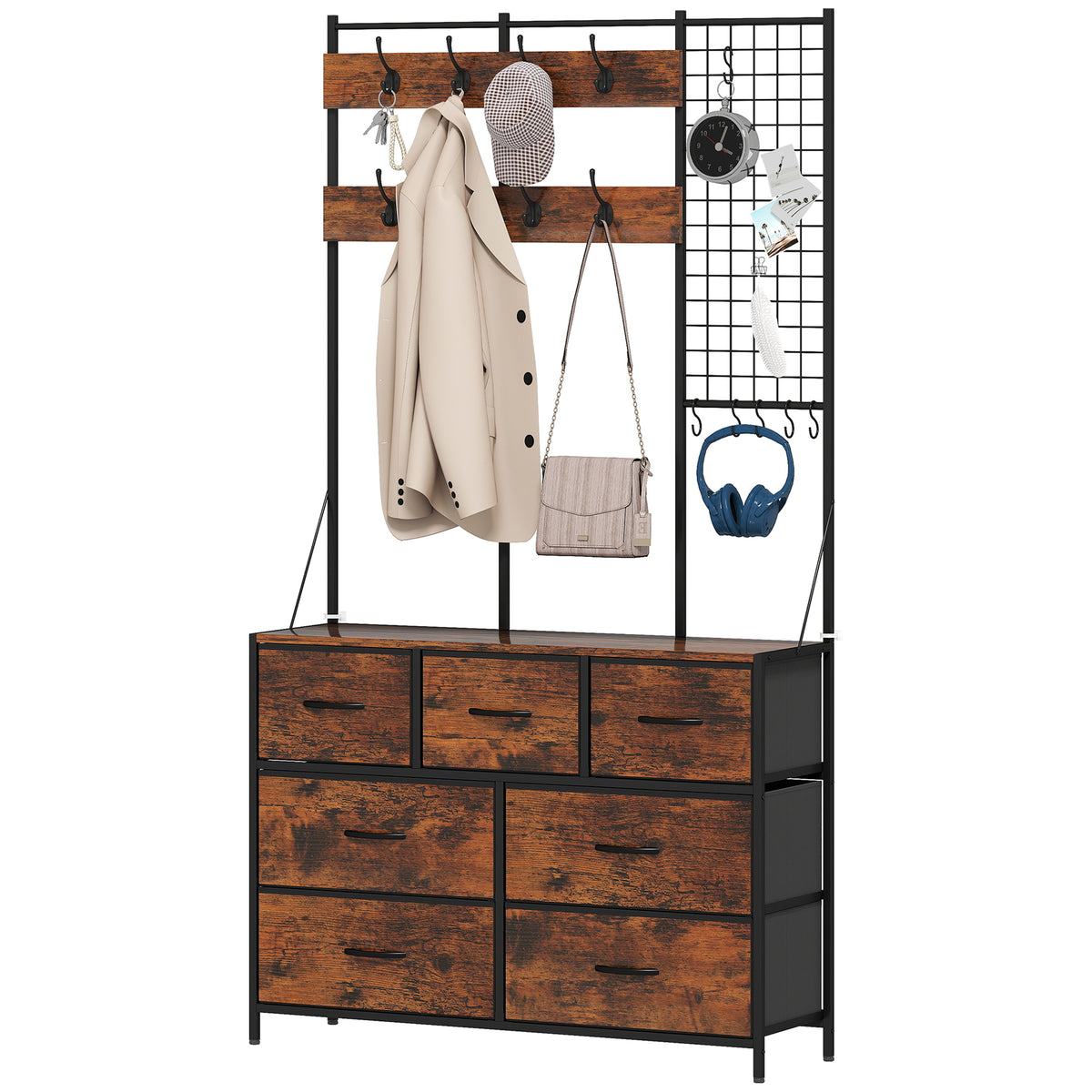 4-in-1 Hall Tree with 7-Drawer Dresser and Hooks