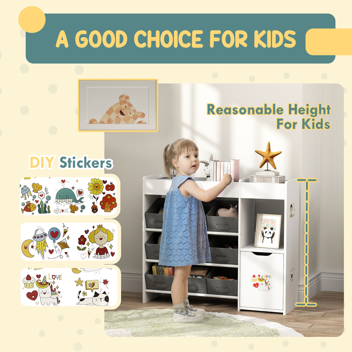 Toy storage organizer with bins and cabinet