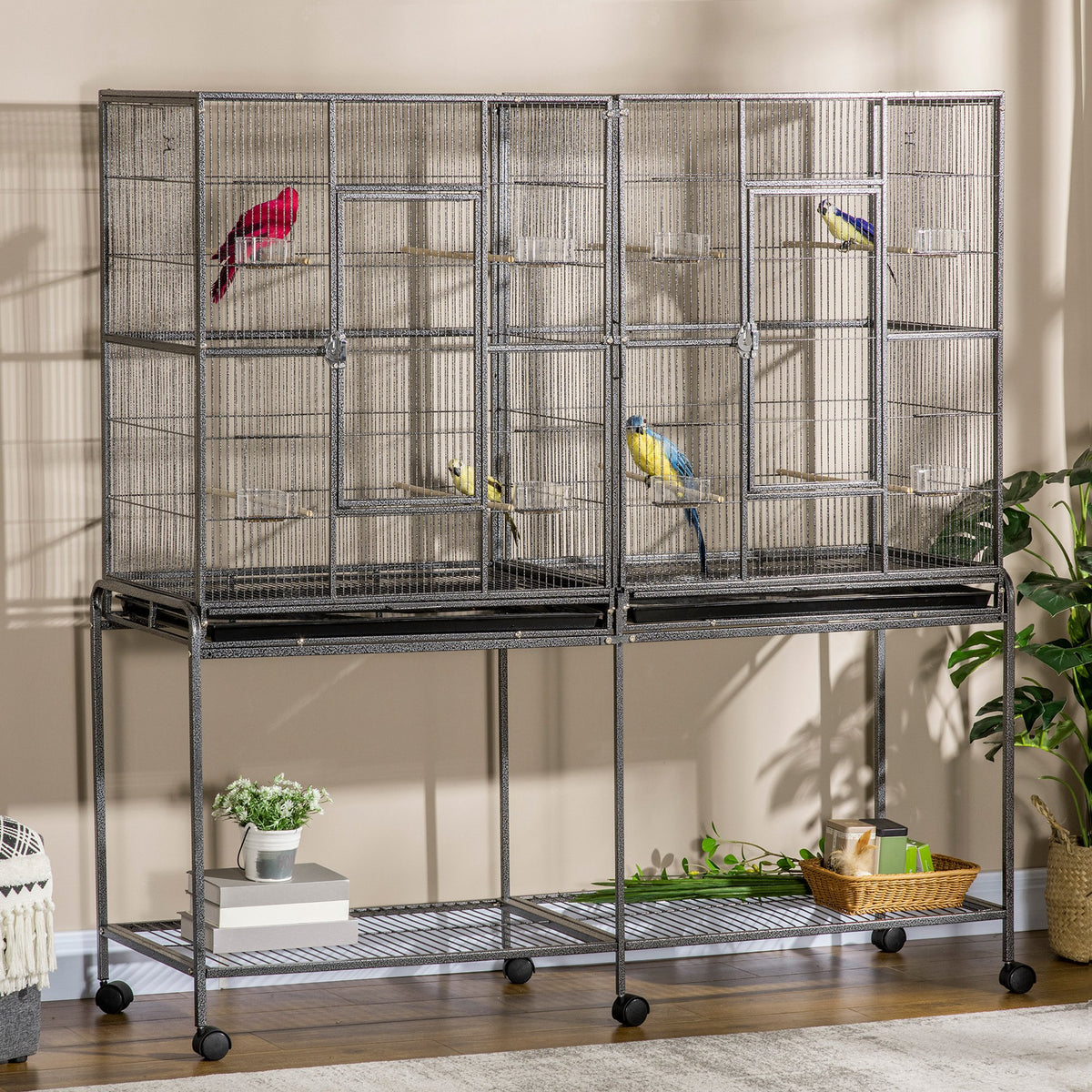 Large Rolling Bird Cage with Perches and Feeder Cups