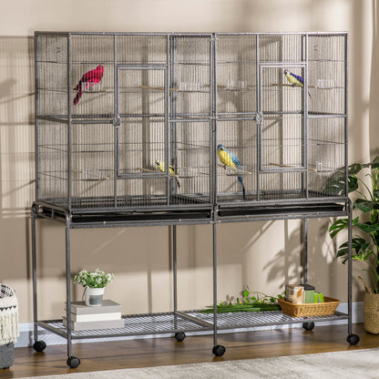 Large Rolling Bird Cage with Perches and Feeder Cups