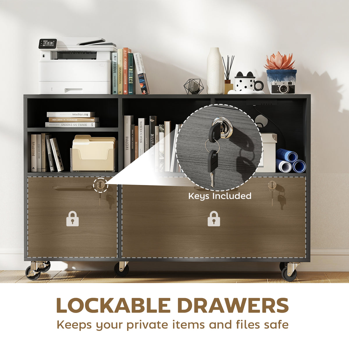 Mobile file cabinet with charging station and lock