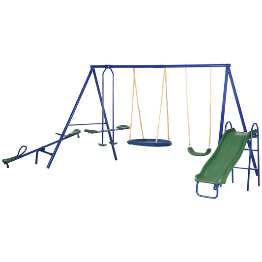 5-in-1 Outdoor Kids Swing Set with Slide and Seesaw